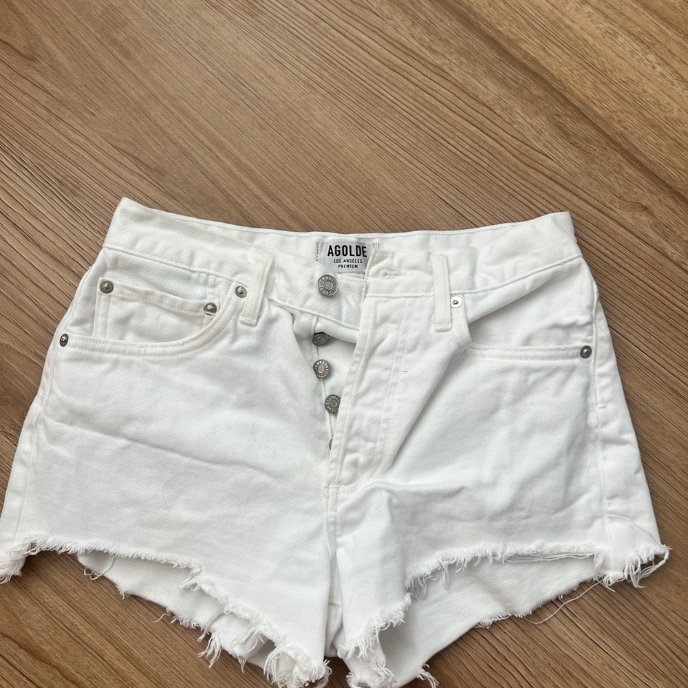 Agolde White Jean Shorts High-Waisted Frayed Hem